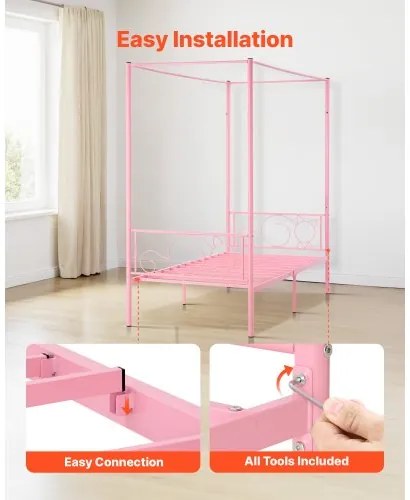 VEVOR Twin Size Canopy Bed Frame Metal Canopy Bed with Headboard &amp; Four Posters