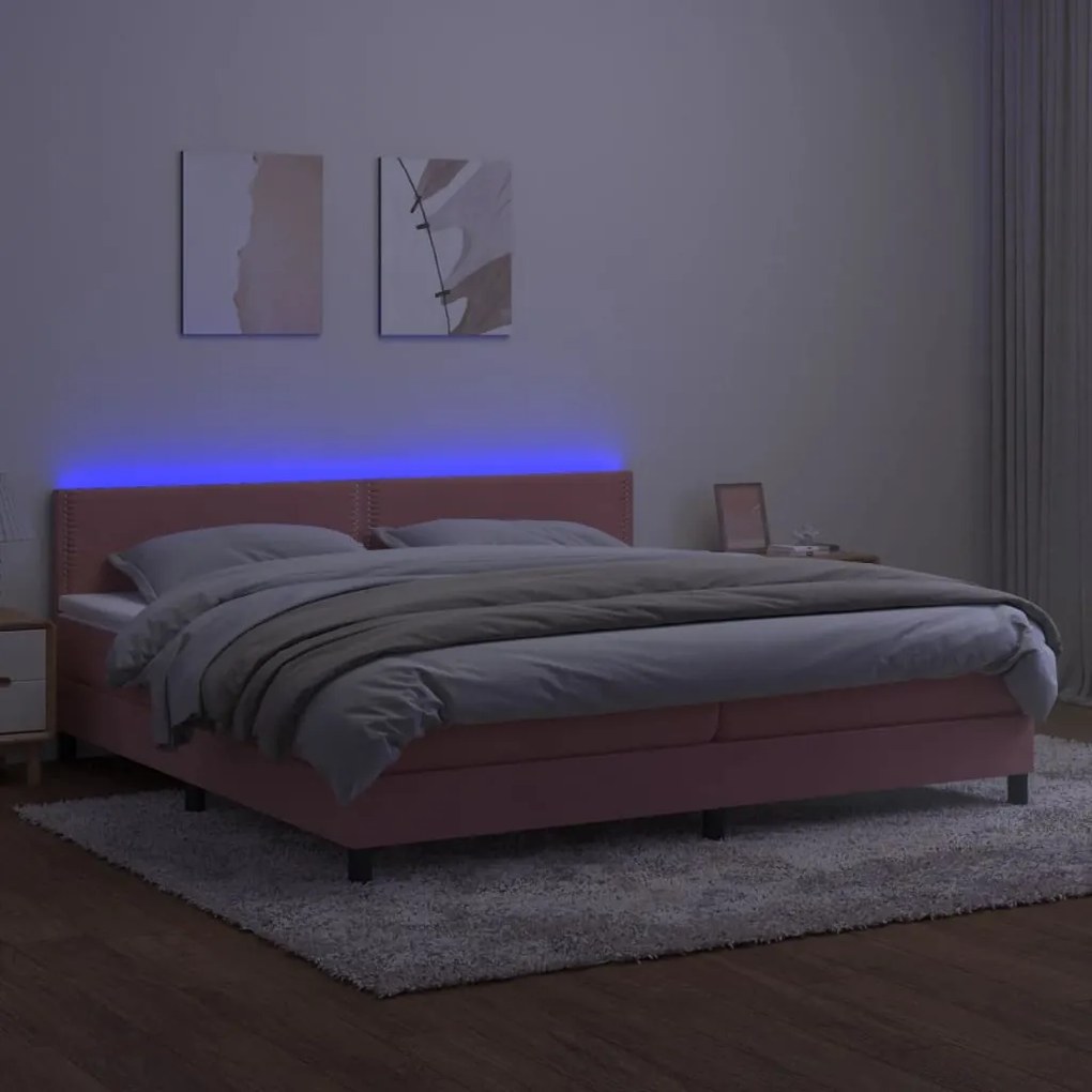 Κρεβάτι Boxspring με Στρώμα &amp; LED Ροζ 200x200 εκ. Βελούδινο - Ροζ