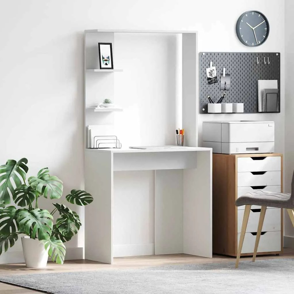Γραφείο με ράφι Λευκό 78,5 x 37 x 154,5 εκ Επεξεργασμένο ξύλο