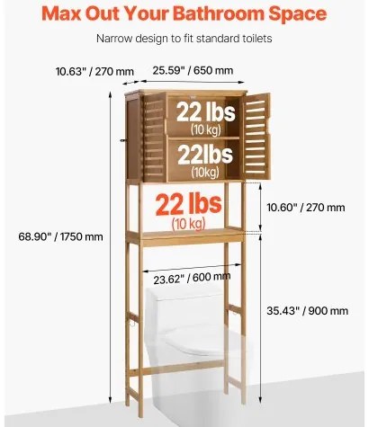 VEVOR Bamboo Over The Toilet Storage Cabinet with Adjustable Shelf 68.9&quot; H