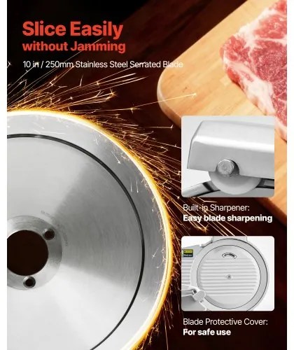 VEVOR Commercial Meat Slicer, 320W Electric Deli Slicer Machine with 250 mm Sharp Blade, Meat-Slicer with 450 RPM Slicing Speed, 0-10 mm Adjustable Thickness, for Frozen Meat, Ham, Baguett &amp; Steak