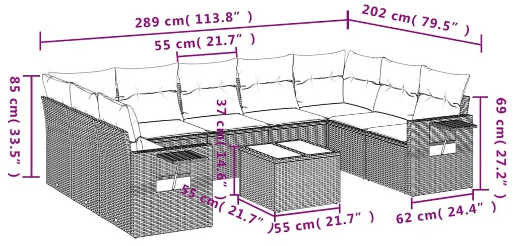 vidaXL Σαλόνι Κήπου Σετ 10 Τεμαχίων Μαύρο Συνθετικό Ρατάν με Μαξιλάρια