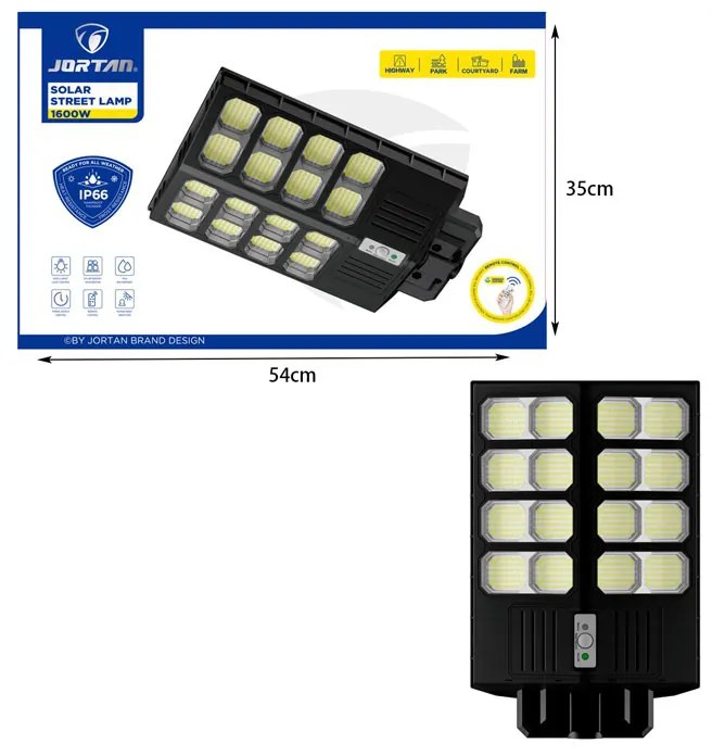 Jortan Led Αδιάβροχο Ηλιακό Φωτιστικό Δρόμου 1600W με Ανιχνευτή Κίνησης Και Τηλεχειριστήριο IP66 - Solar Street Lamp