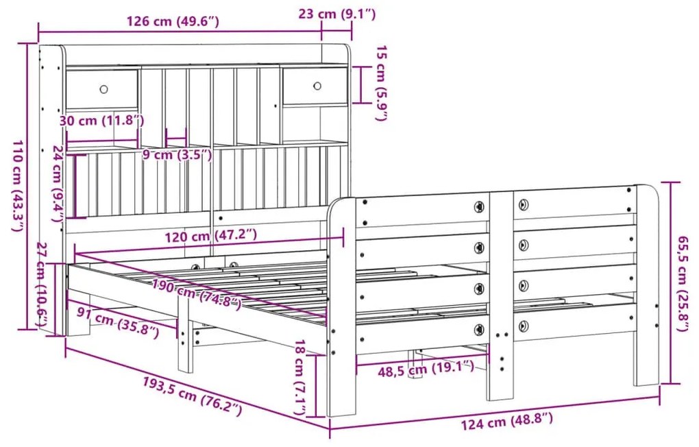 Κρεβάτι Βιβλιοθήκη Χωρίς Στρώμα 120x190 εκ Μασίφ Ξύλο Πεύκου - Καφέ