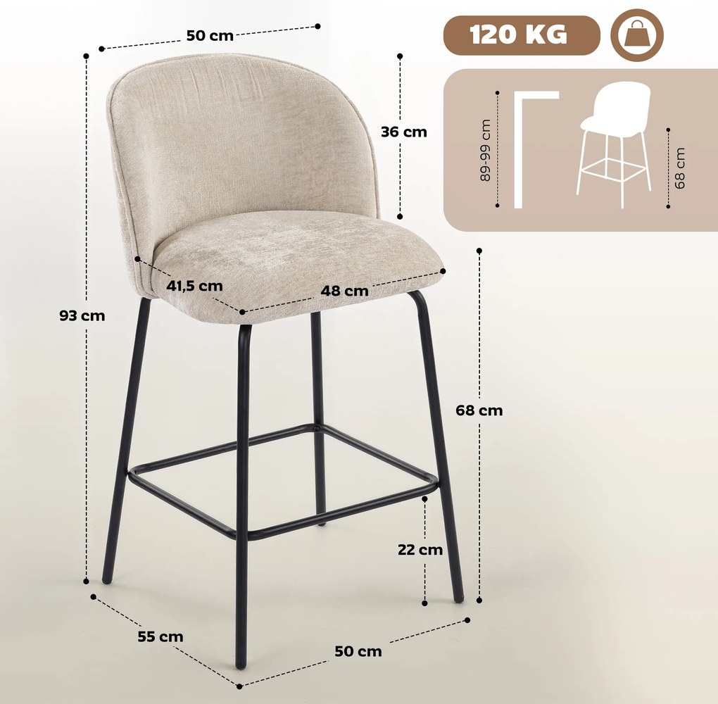 HOMCOM Σετ 2 Σκαμπό Μπαρ με Πλάτη και Υποπόδιο, Πολυθρόνες με Ατσάλινα Πόδια για Νησίδα Κουζίνας, Τραπεζαρία, Μπεζ