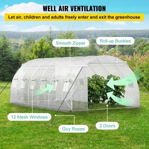 VEVOR Walk-in Tunnel Greenhouse, 20 x 10 x 7 ft Portable Plant Hot House w/ Galvanized Steel Hoops, 3 Top Beams, 4 Diagonal Poles, 2 Zippered Doors &amp; 12 Roll-up Windows, White