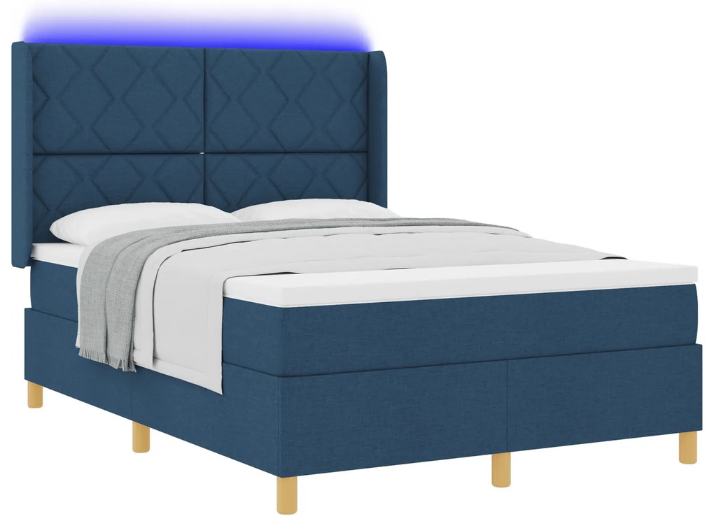 vidaXL Κρεβάτι Box Spring με Ματ και LED Μπλε 140x200 εκ Υφάδι