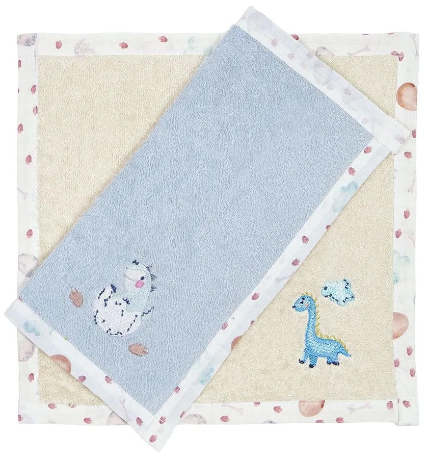 Πετσέτες Βρεφικές Sweet Dino (Σετ 2τμχ) Beige-Blue Nima Towels Set 30x30cm 100% Βαμβάκι