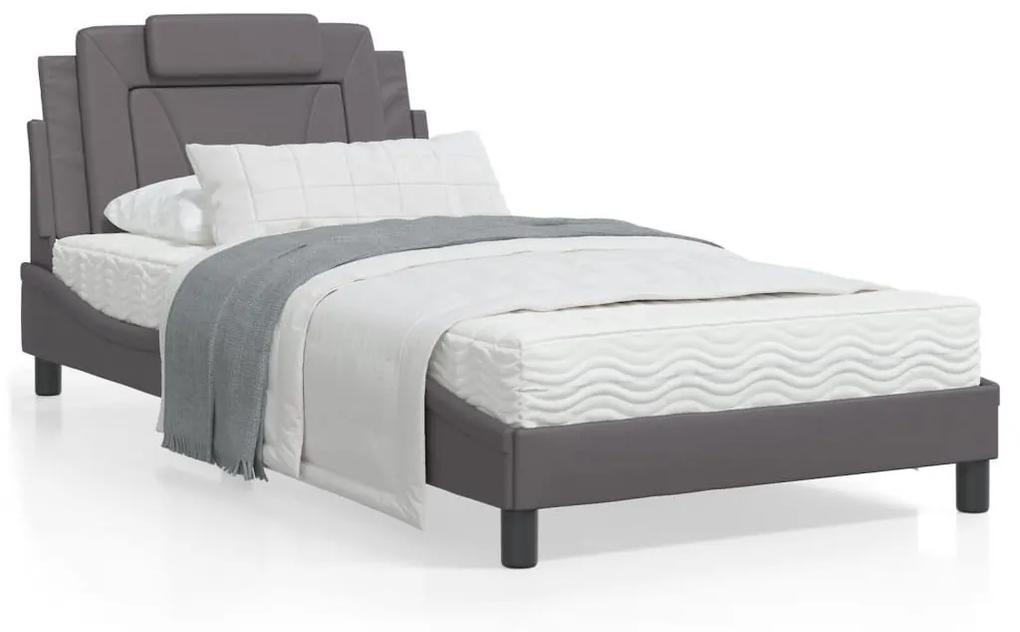 Κρεβάτι με Στρώμα Γκρι 100x200 εκ. από Συνθετικό Δέρμα - Γκρι