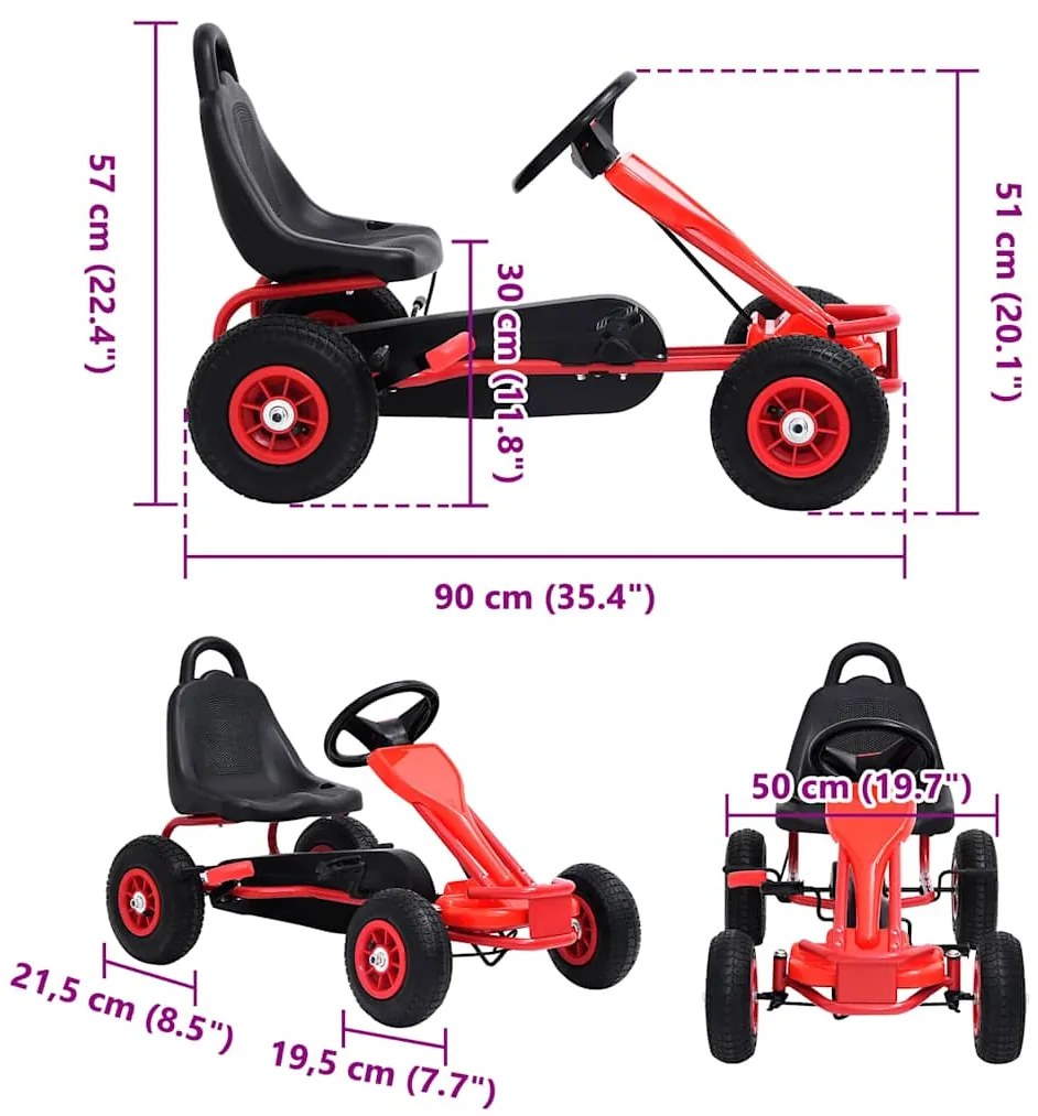 vidaXL Go Kart με Πετάλια και Λάστιχα Πεπιεσμένου Αέρα Κόκκινο