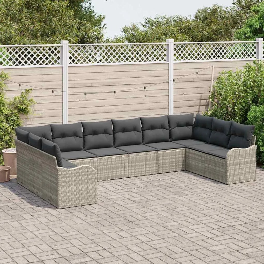vidaXL Σετ Καναπέ Κήπου με μαξιλάρι 10 pcs Ανοιχτό γκρι Πολυ ράταν