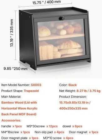 VEVOR Double Layer Bread Box for Kitchen Counter Bamboo Storage Bread Container