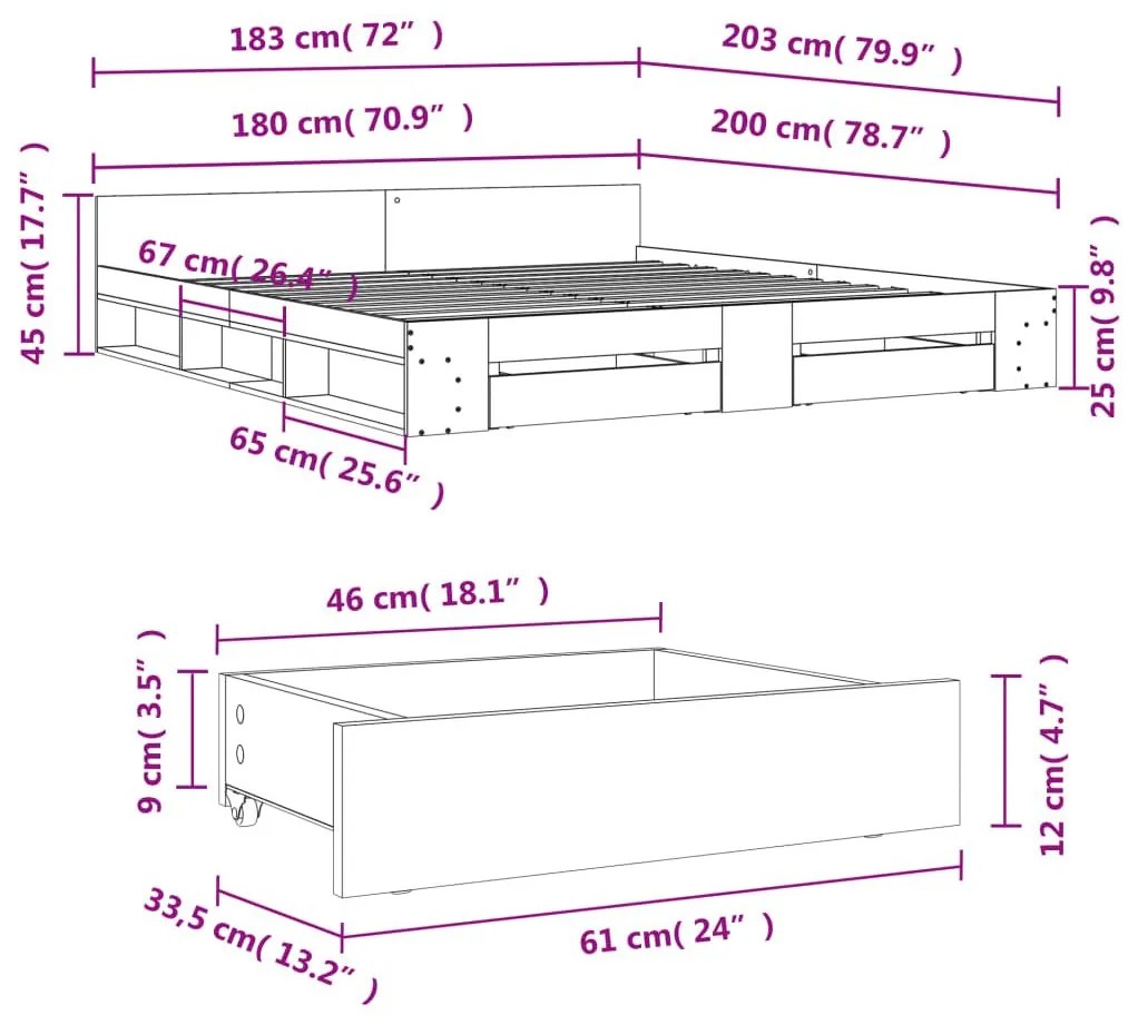 Πλαίσιο Κρεβατιού με συρτάρια Γκρι sonoma 180x200εκ. Επεξ. Ξύλο - Γκρι