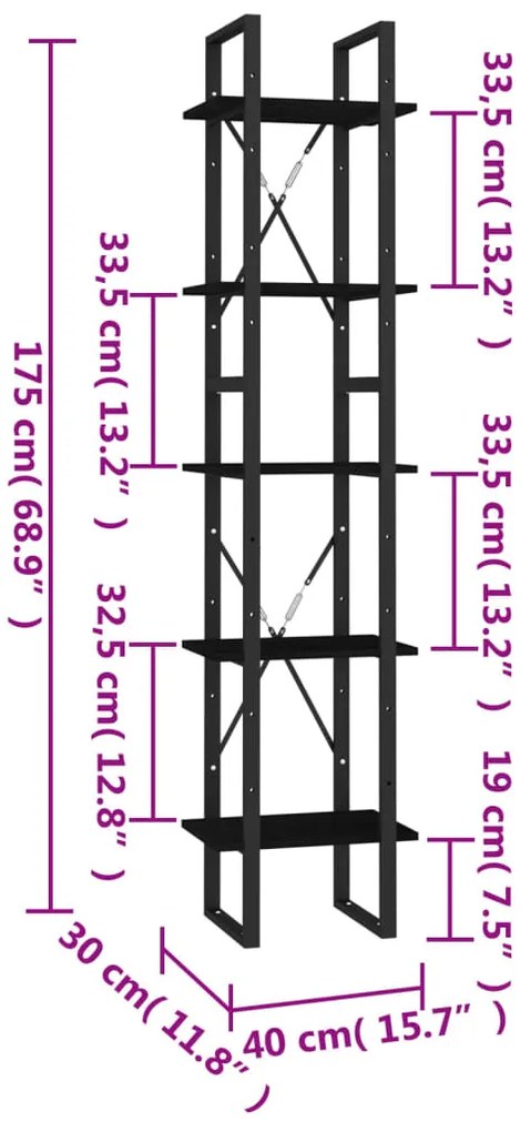 vidaXL Βιβλιοθήκη με 5 Ράφια Μαύρη 40 x 30 x 175 εκ. από Ξύλο Πεύκου