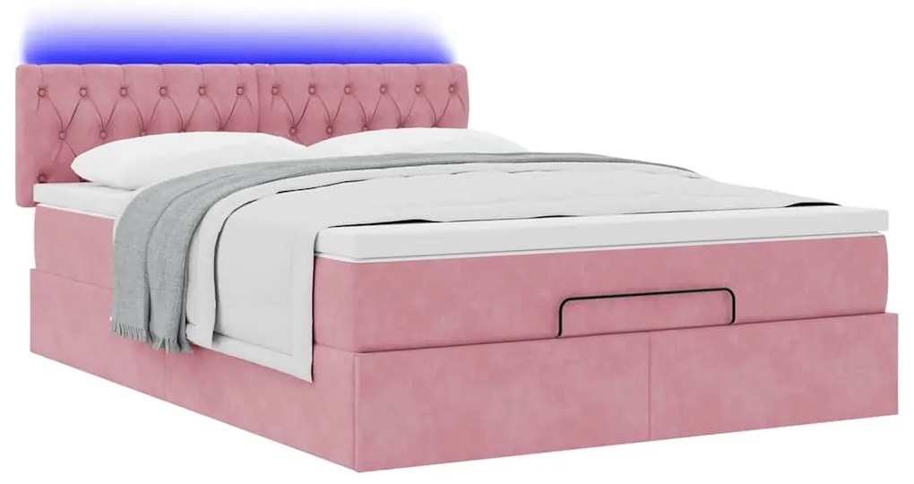 vidaXL Οθωμανικό κρεβάτι με στρώμα & LEDs Ροζ 140x200cm Βελούδο