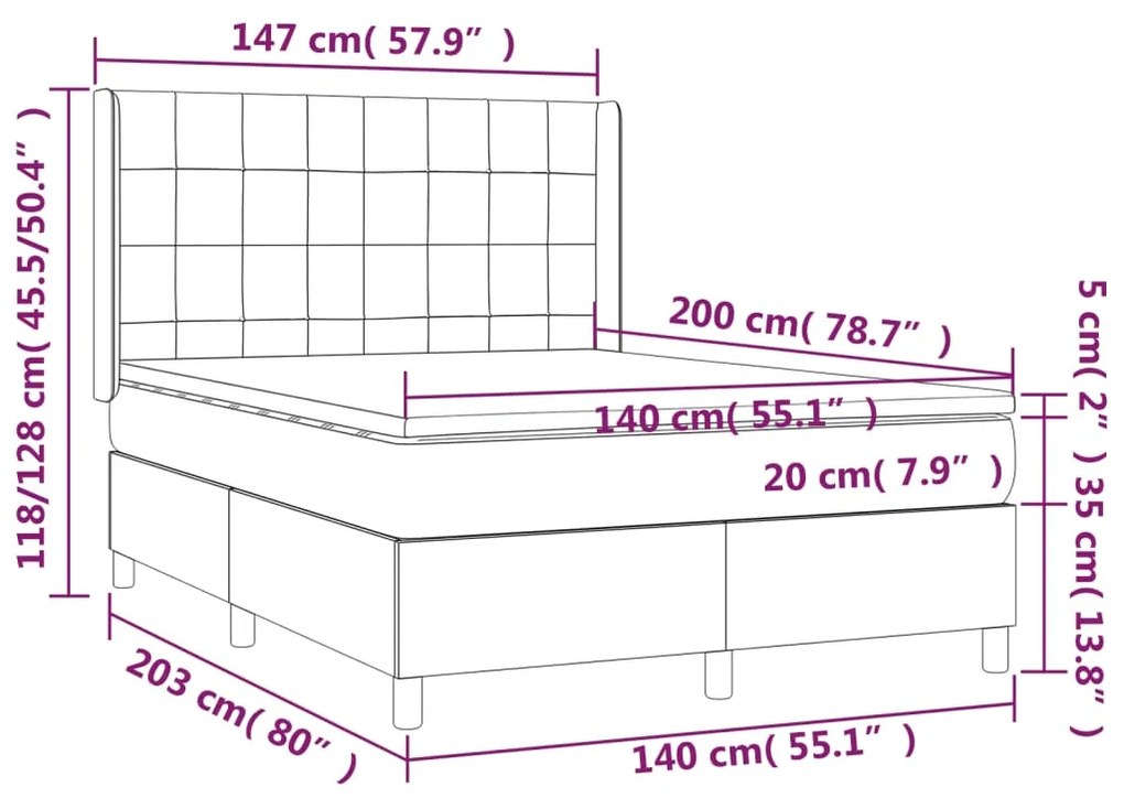 Κρεβάτι Boxspring με Στρώμα &amp; LED Αν.Γκρι 140x200εκ. Υφασμάτινο - Γκρι