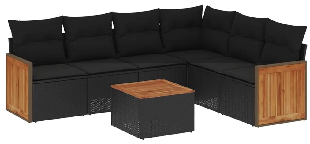 vidaXL Καναπές Σετ 7 Τεμαχίων Μαύρο Συνθετικό Ρατάν με Μαξιλάρια