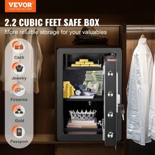 VEVOR Safe, 2.2 Cubic Feet Home Safe, Steel Security Safe with Fingerprint, Digital Keypad and 2 Keys, Cabinet Safe with Large Fire-proof Bag, Protect Cash, Gold, Jewelry, Documents, 15.8x13x23.6 inch