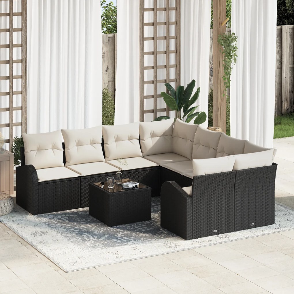 vidaXL 9 τμχ Garden Sofa Set με μαξιλάρια σε μαύρο πολυ ράτταν