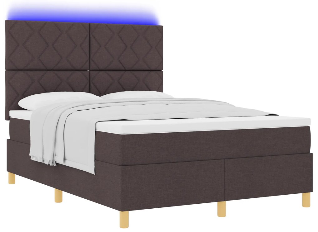 vidaXL Box Spring Bed με Στρώμα & LED Σκούρο καφέ 140x200 εκ. ύφασμα