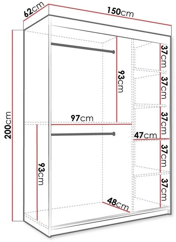 Ντουλάπα Hartford 242, Μαύρο ματ, Λευκό μάρμαρο, 200x150x62cm, 125 kg, Πόρτες ντουλάπας: Ολίσθηση, Αριθμός ραφιών: 5, Αριθμός ραφιών: 5 | Epipla1.gr