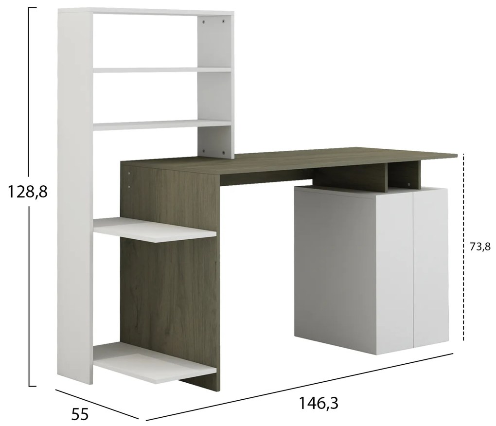 Γραφείο Με Βιβλιοθήκη Rochell Μελαμίνη Olive Grey Λευκό 146,3x55x128,8Υεκ