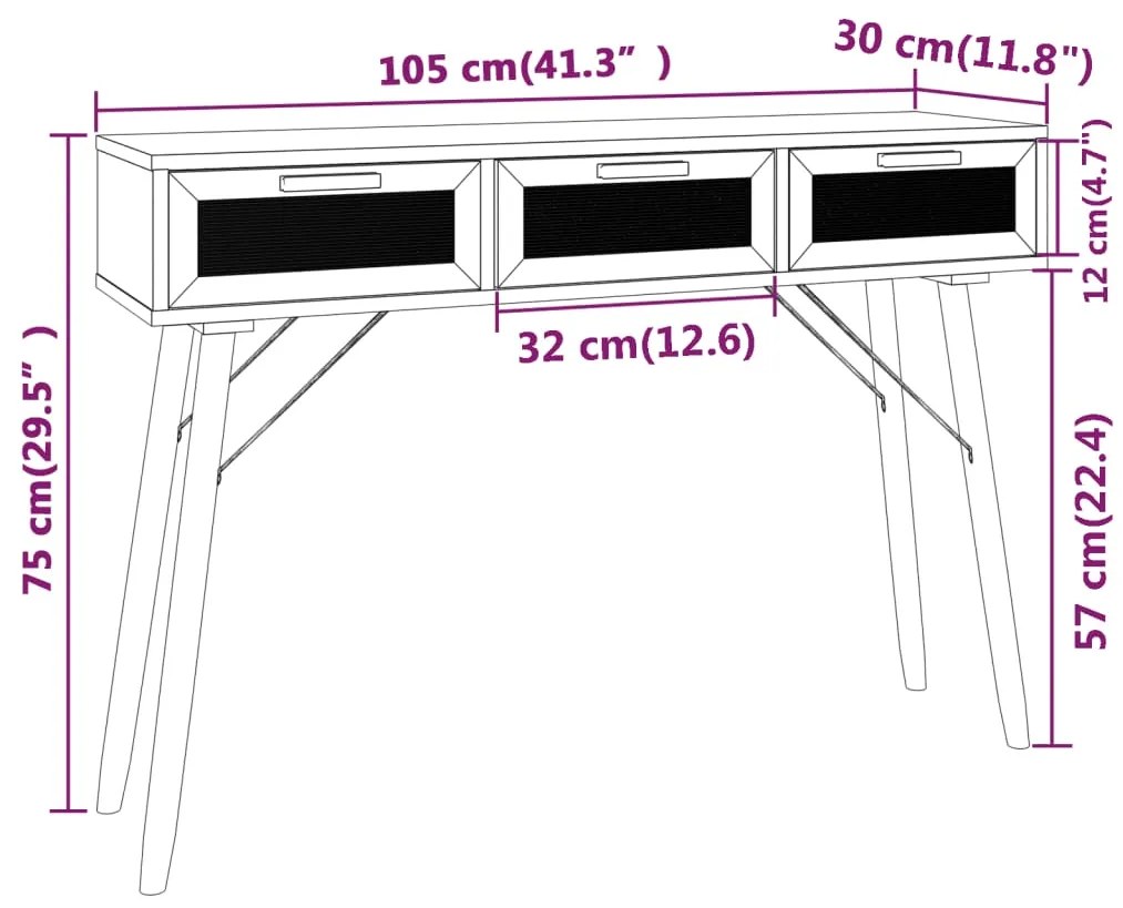vidaXL Τραπέζι Κονσόλα Μαύρο 105x30x75 εκ. Μασίφ Πεύκο & Φυσικό Ρατάν