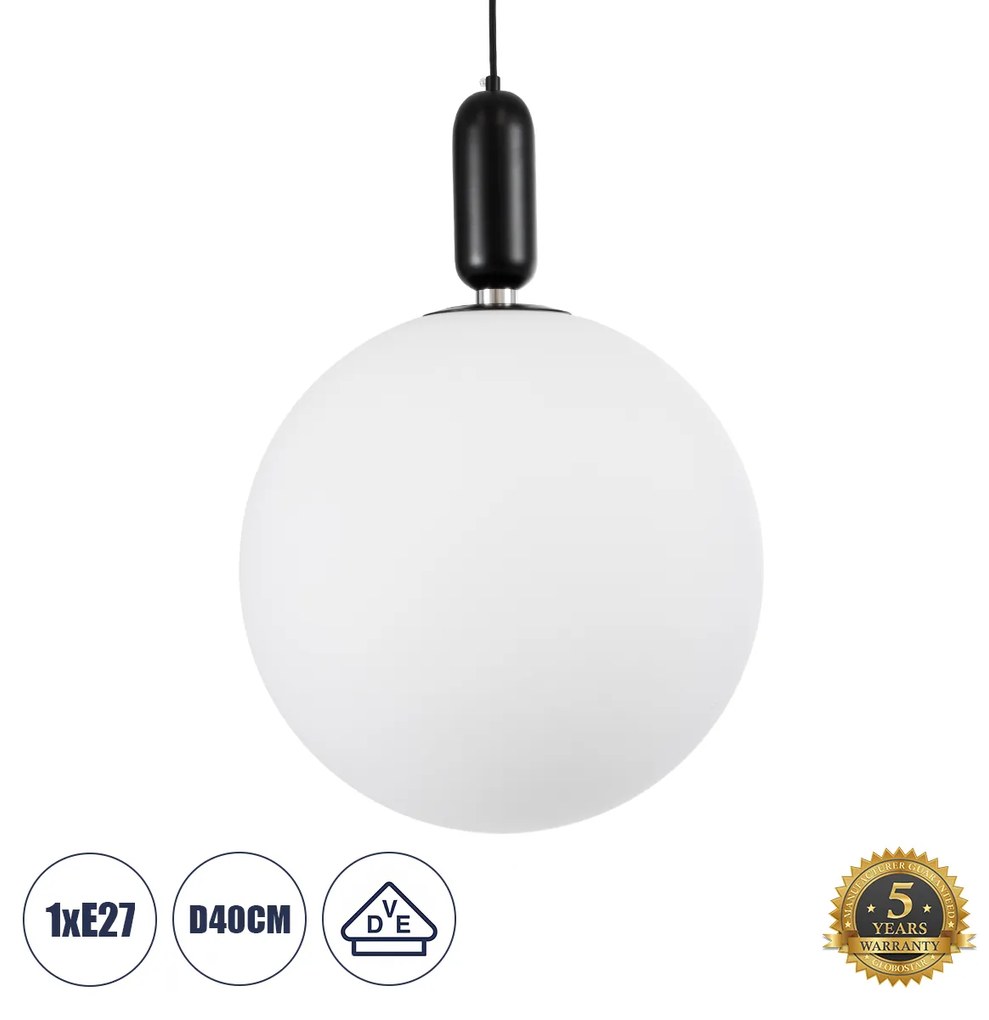 GloboStar® ESTETICO 61497 Μοντέρνο Κρεμαστό Φωτιστικό Οροφής Μονόφωτο 1 x E27 Γαλακτερή Γυάλινη Μπάλα με Μεταλλικό Μαύρο Ματ Σώμα Φ40 x Υ58cm