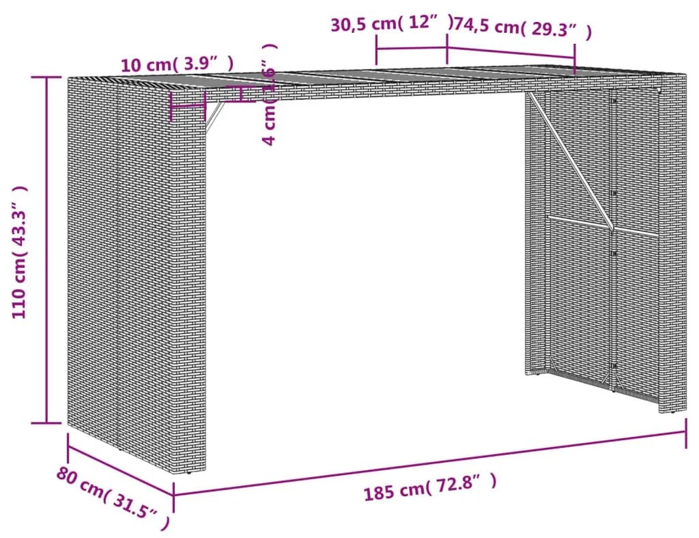 Τραπέζι Μπαρ Κήπου Επιφ. Ακακίας Μαύρο 185x80x110εκ Συνθ. Ρατάν - Μαύρο