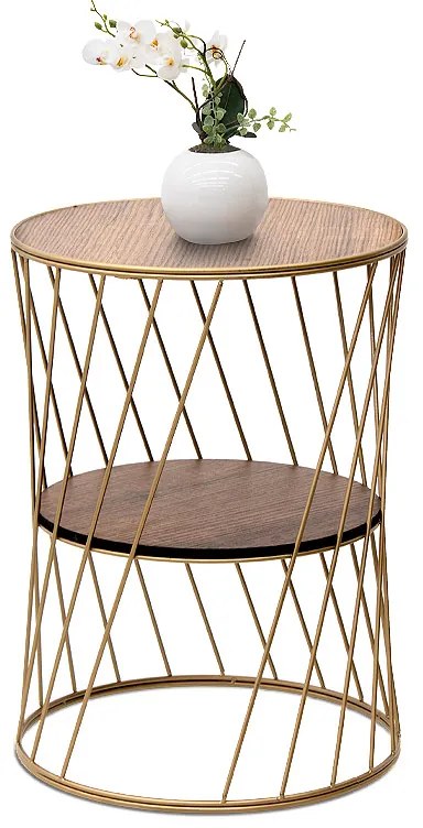 Τραπεζάκι βοηθητικό Jaspin Megapap μεταλλικό - Mdf χρώμα χρυσό - καρυδί 32x32x44εκ.