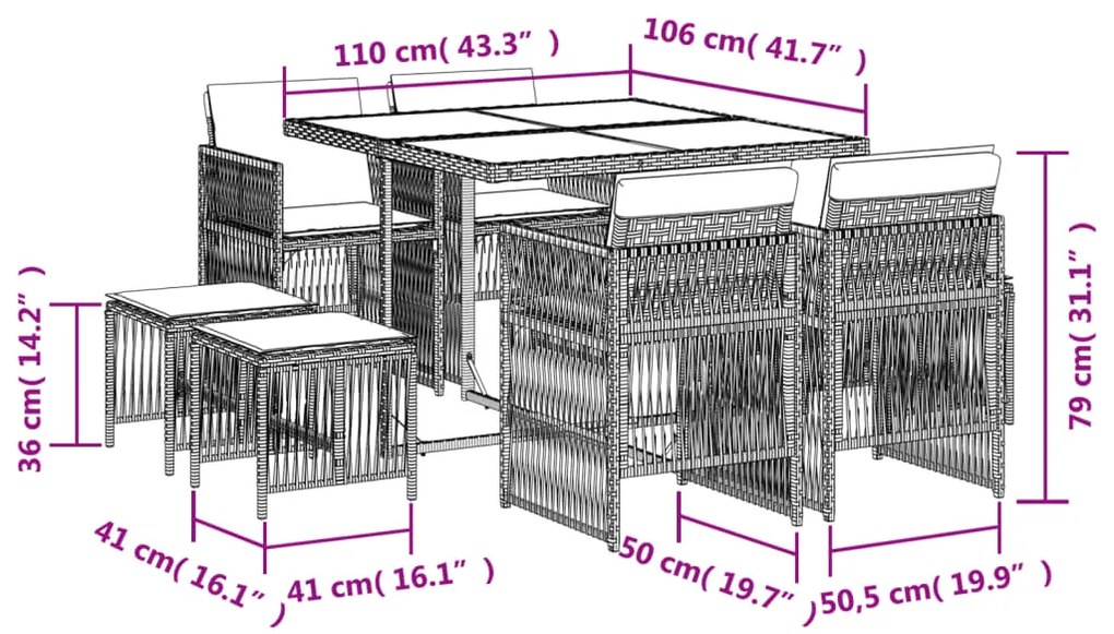 vidaXL Σετ Τραπεζαρίας Κήπου 9 τεμ. Καφέ Συνθετικό Ρατάν με Μαξιλάρια