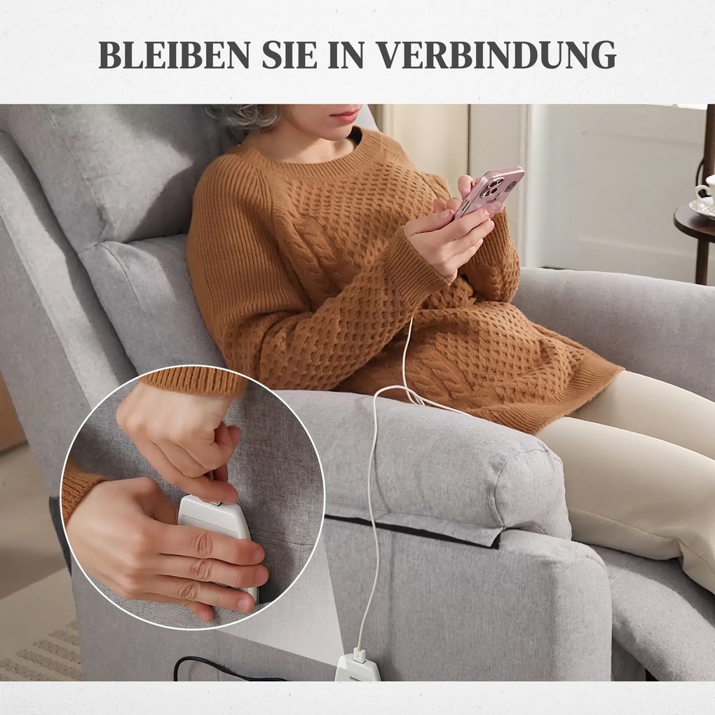 Ηλεκτρική πολυθρόνα HOMCOM, πολυθρόνα με υποβοήθηση ανύψωσης, πολυθρόνα ανάκλισης με λειτουργία ύπνου, όψη λινό, 83 x 89 x 102 cm, γκρι