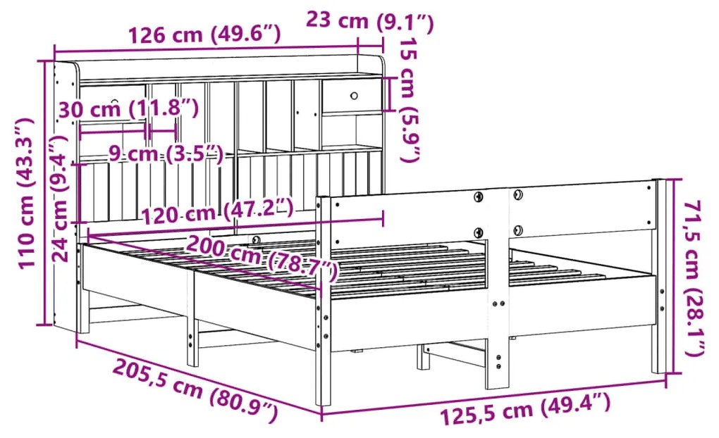 Κρεβάτι Βιβλιοθήκη Χωρίς Στρώμα 120x200 εκ Μασίφ Ξύλο Πεύκο - Λευκό