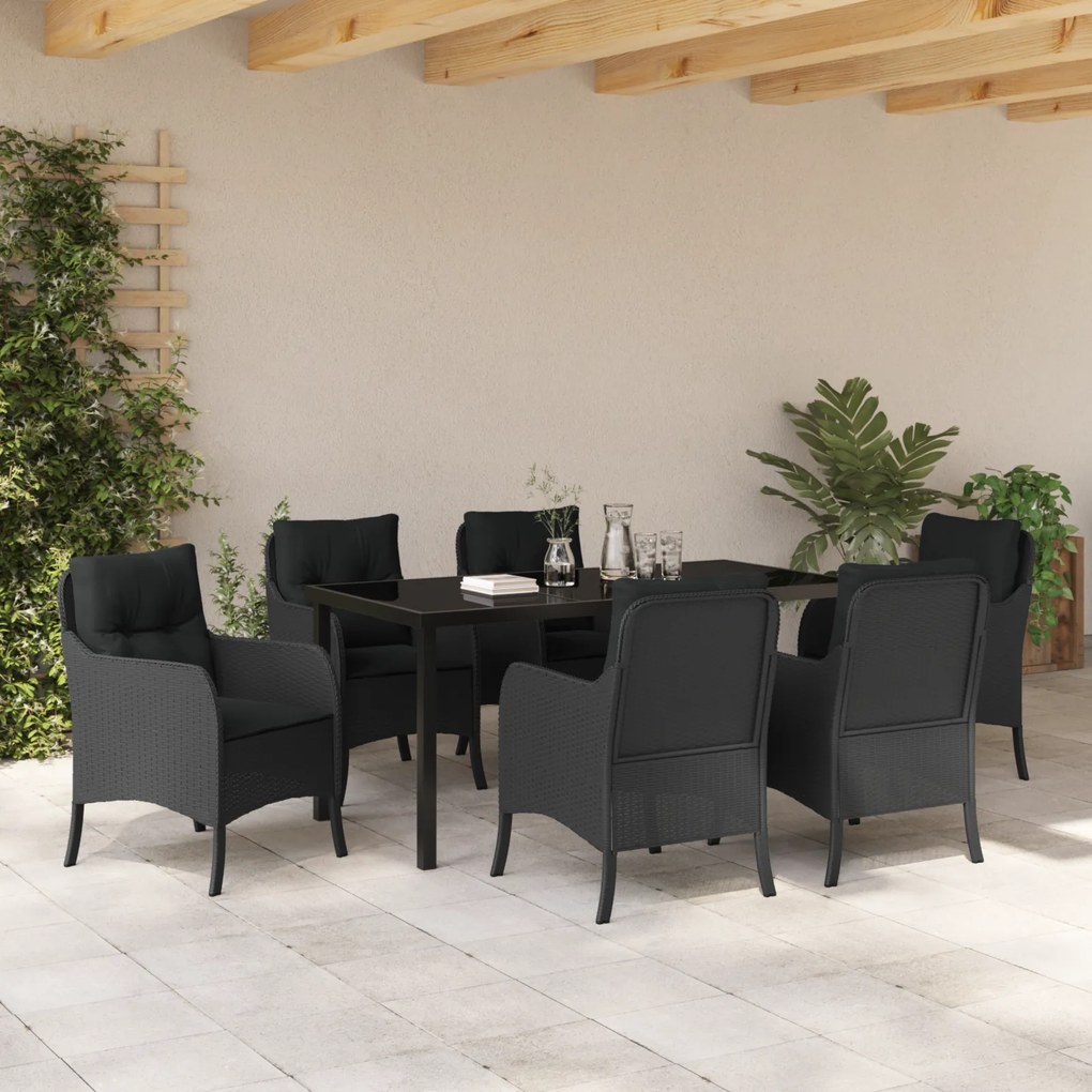 vidaXL Σέτ φαγητού για κήπο με μαξιλάρι 7 pcs Μαύρο Πολυ ράταν