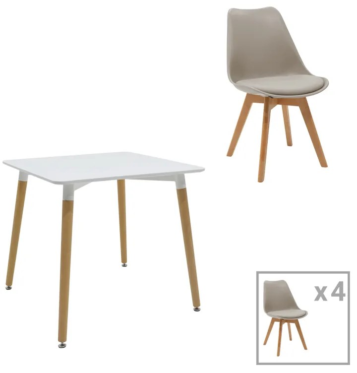 Intrahome Τραπεζαρία Natali-Gaston σετ 5τεμ Intrahome MDF και ξύλο οξιάς σε γκρι-λευκή-φυσική απόχρωση 80x80x76εκ | SKU: INTRAPA-382111144