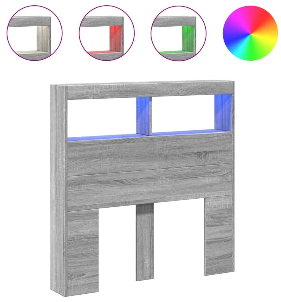 Κεφαλάρι με Αποθηκ. Χώρο &amp; LED Γκρι Sonoma 100x17x102 εκ. - Γκρι