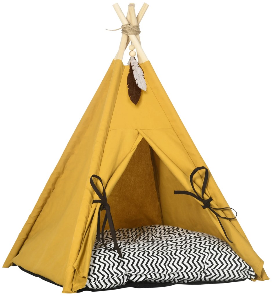 Κρεβάτι κατοικιδίου PawHut, χαριτωμένο σχέδιο tipi, με μαλακό μαξιλάρι, πατάκι δαπέδου, για σκύλους και γάτες, 60 x 60 x 76 εκ.