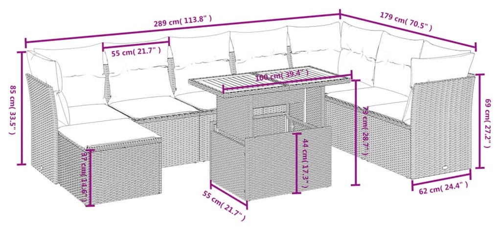 vidaXL Σαλόνι Κήπου Σετ 9 Τεμαχίων Γκρι Συνθετικό Ρατάν με Μαξιλάρια