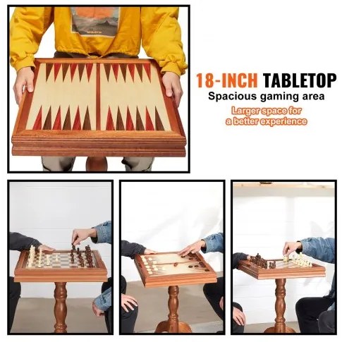 VEVOR 3-IN-1 Chess Checkers Backgammon Table Set, 18 Inch Premium Wooden Chess Table, Deluxe Combo Game Table Furniture Set, Chess Set Board Game Gift for Family Board Games