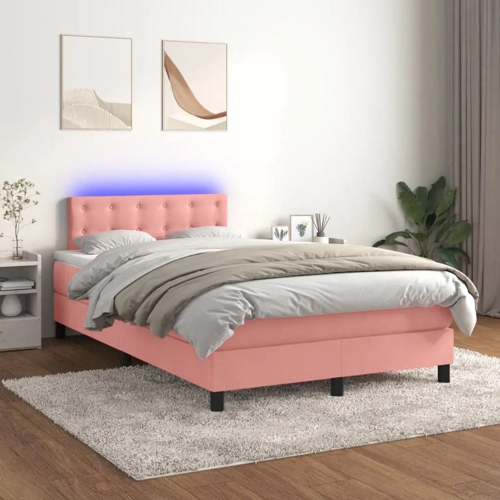 Κρεβάτι Boxspring με Στρώμα &amp; LED Ροζ 120x200 εκ. Βελούδινο