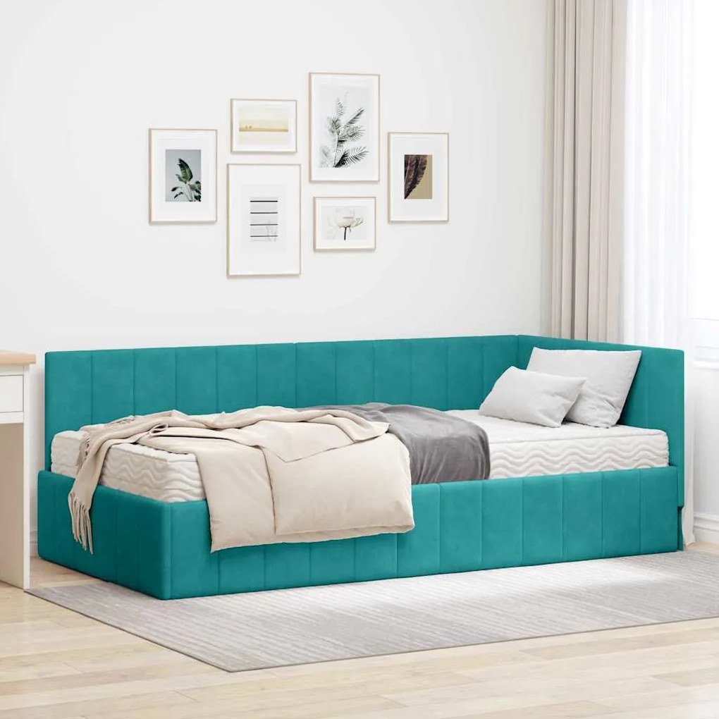 vidaXL Κρεβάτι Γωνίας με στρώμα Τιρκουάζ 90 x 200 cm Βελούδο