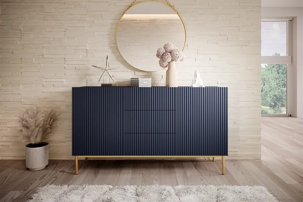 Μπουφές Niki 150x85x45cm με 3 συρτάρια, Μπλε ματ / χρυσά πόδια - BOG4589