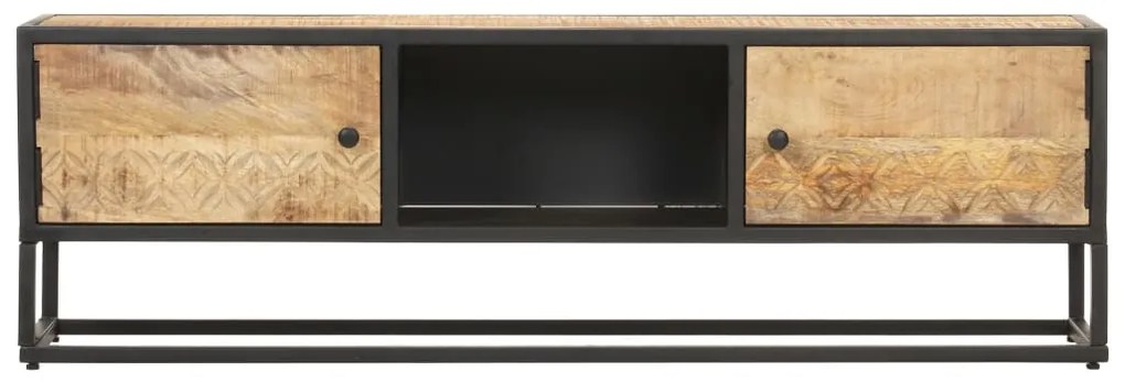 Έπιπλο TV με Σκαλιστή Πόρτα 130x30x40 εκ. Ακατέργ. Ξύλο Μάνγκο 320943