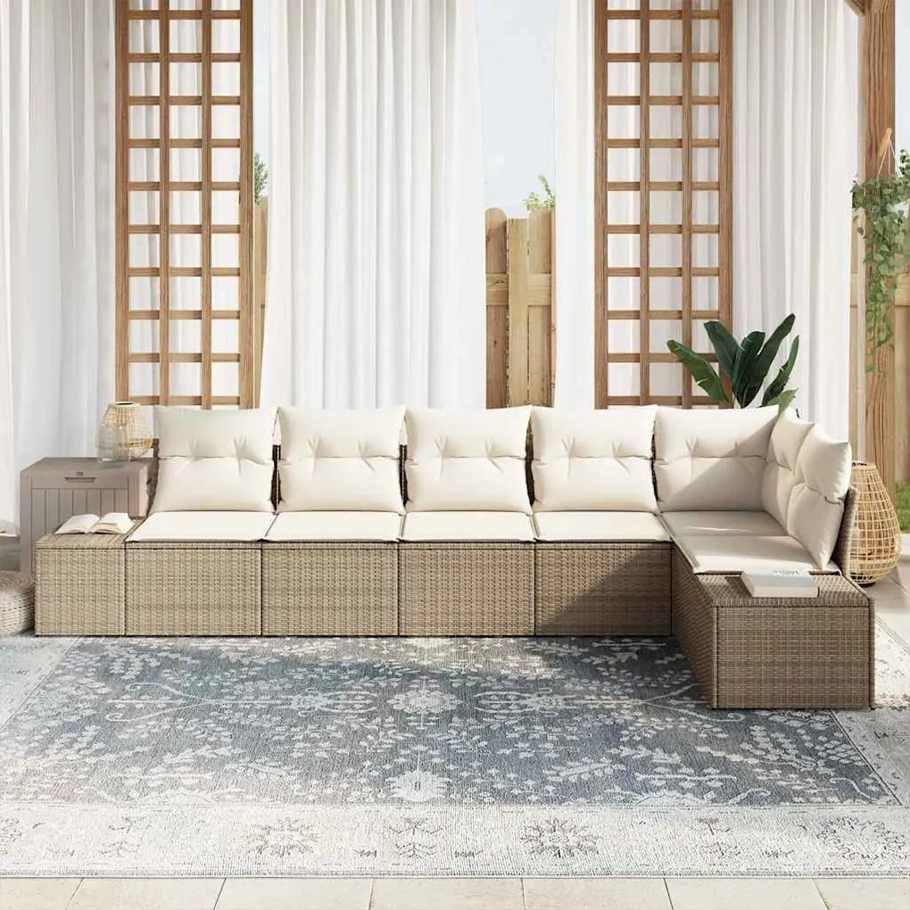 vidaXL Σετ Καναπέ Κήπου με μαξιλάρι 6 pcs Μπεζ, κρεμ Πολυ ράταν
