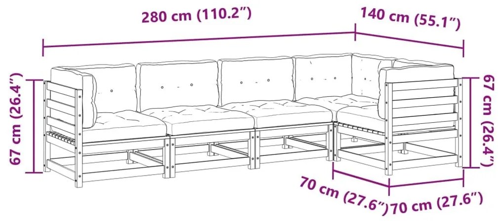Καναπές Κήπου Σετ 5 Τεμαχίων από Μασίφ Ξύλο Πεύκου με Μαξιλάρια - Καφέ