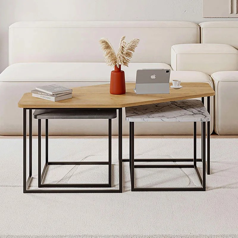 ΤΡΑΠΕΖΑΚΙ ΣΑΛΟΝΙΟΥ ΣΕΤ 3 ΤΜΧ. NESTY MEGAPAP ΧΡΩΜΑ SAPHHIRE OAK - ΓΚΡΙ ΡΕΤΡΟ - ΛΕΥΚΟ ΕΦΕ ΜΑΡΜΑΡΟΥ 110X60X48ΕΚ.