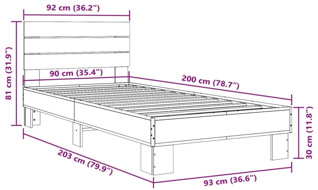 ΠΛΑΙΣΙΟ ΚΡΕΒΑΤΙΟΥ ΓΚΡΙ SONOMA 90X200 ΕΚ. ΕΠΕΞ. ΞΥΛΟ &amp; ΜΕΤΑΛΛΟ 845745