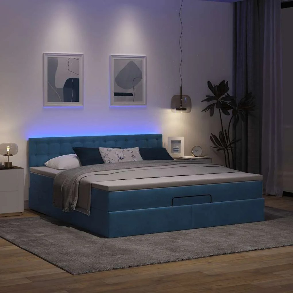 vidaXL Οθωμανικό κρεβάτι με στρώμα&LEDs Σκούρο μπλε 160x200cm Βελούδο