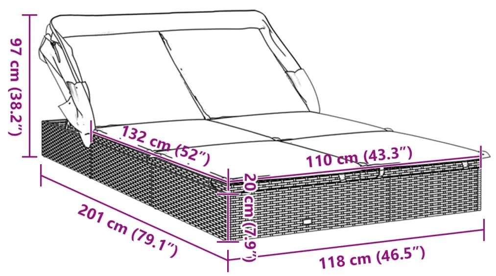 Ξαπλώστρα 2 Ατόμων Πτυσ. Οροφή Καφέ 213x118x97 εκ. Συνθ. Ρατάν - Καφέ