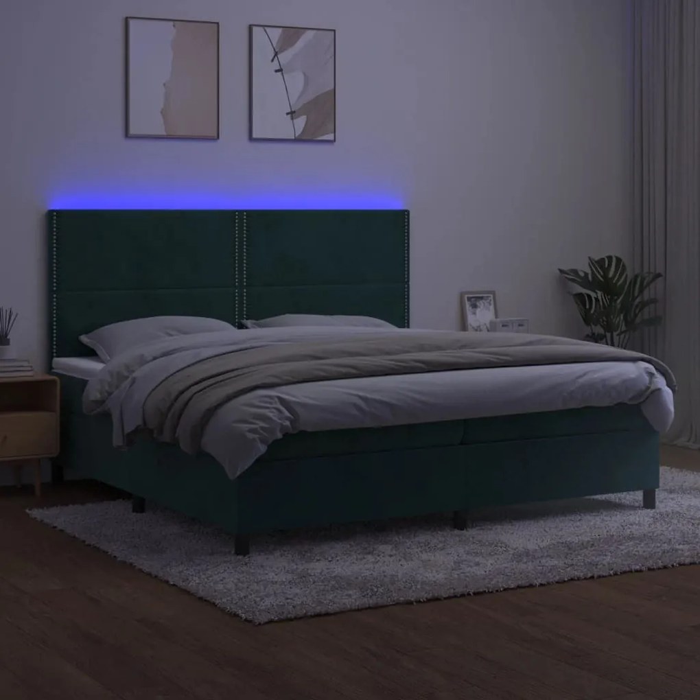 Κρεβάτι Boxspring με Στρώμα &amp; LED Σκ. Πράσινο 200x200εκ Βελούδο - Πράσινο